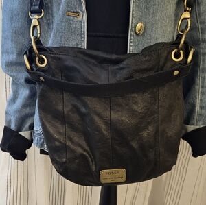 Vintage Fossil Black Crossbody Bag with Gold Accents